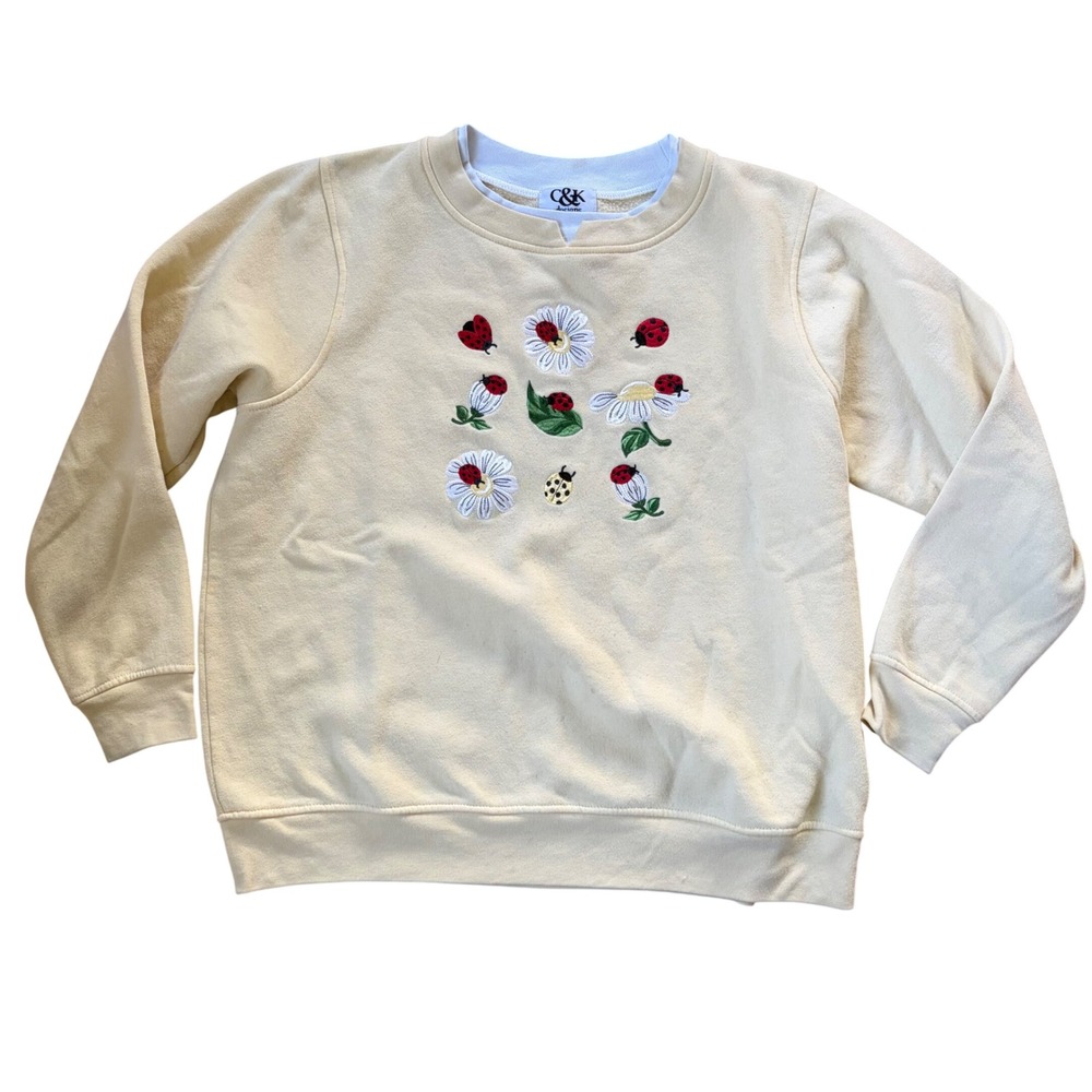 Vintage 90s Butter Yellow Ladybug Daisy Grandmacore Sweatshirt Large Cottagecore